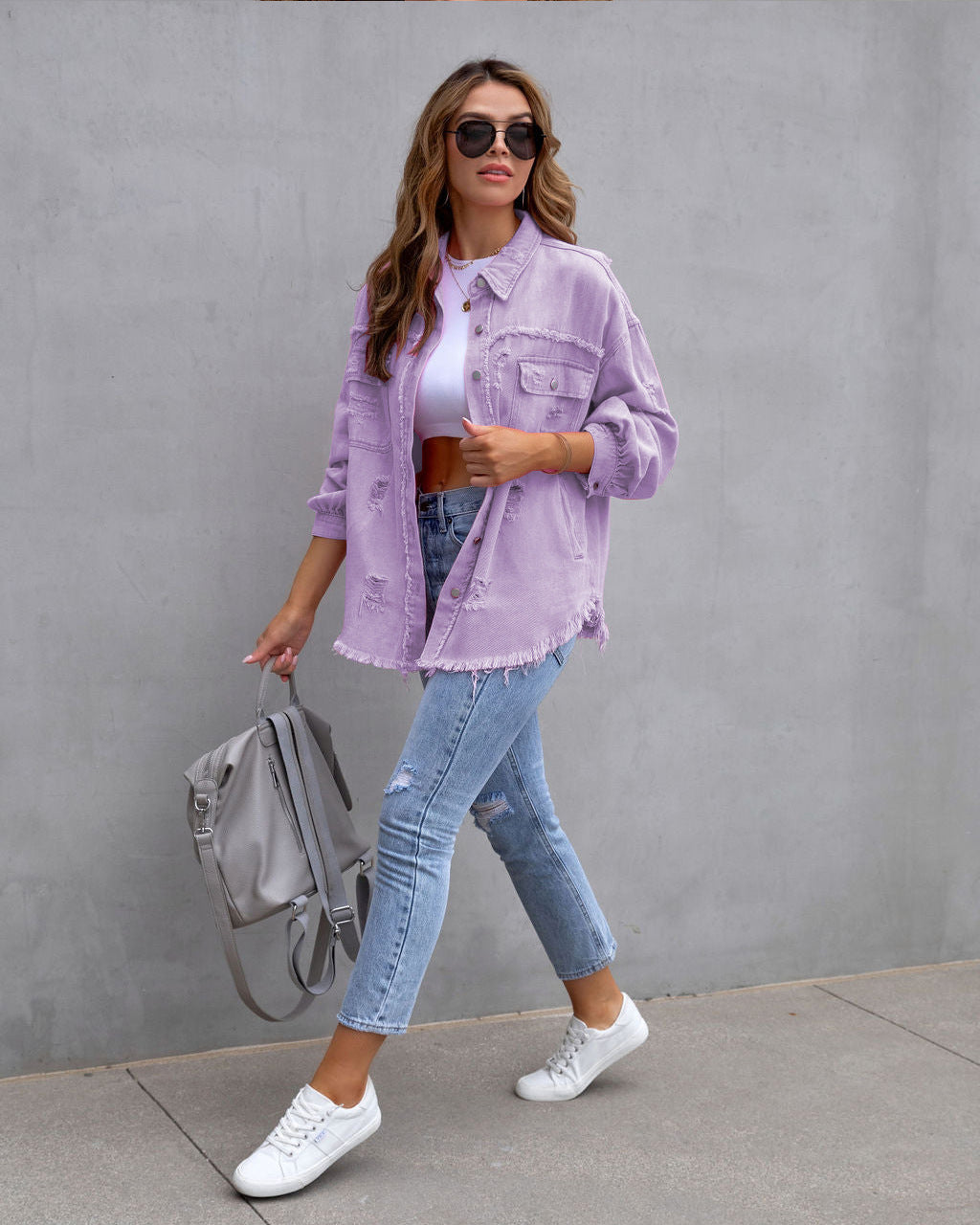 Women’s Fashion Distressed Shirt Jacket for Autumn/Spring