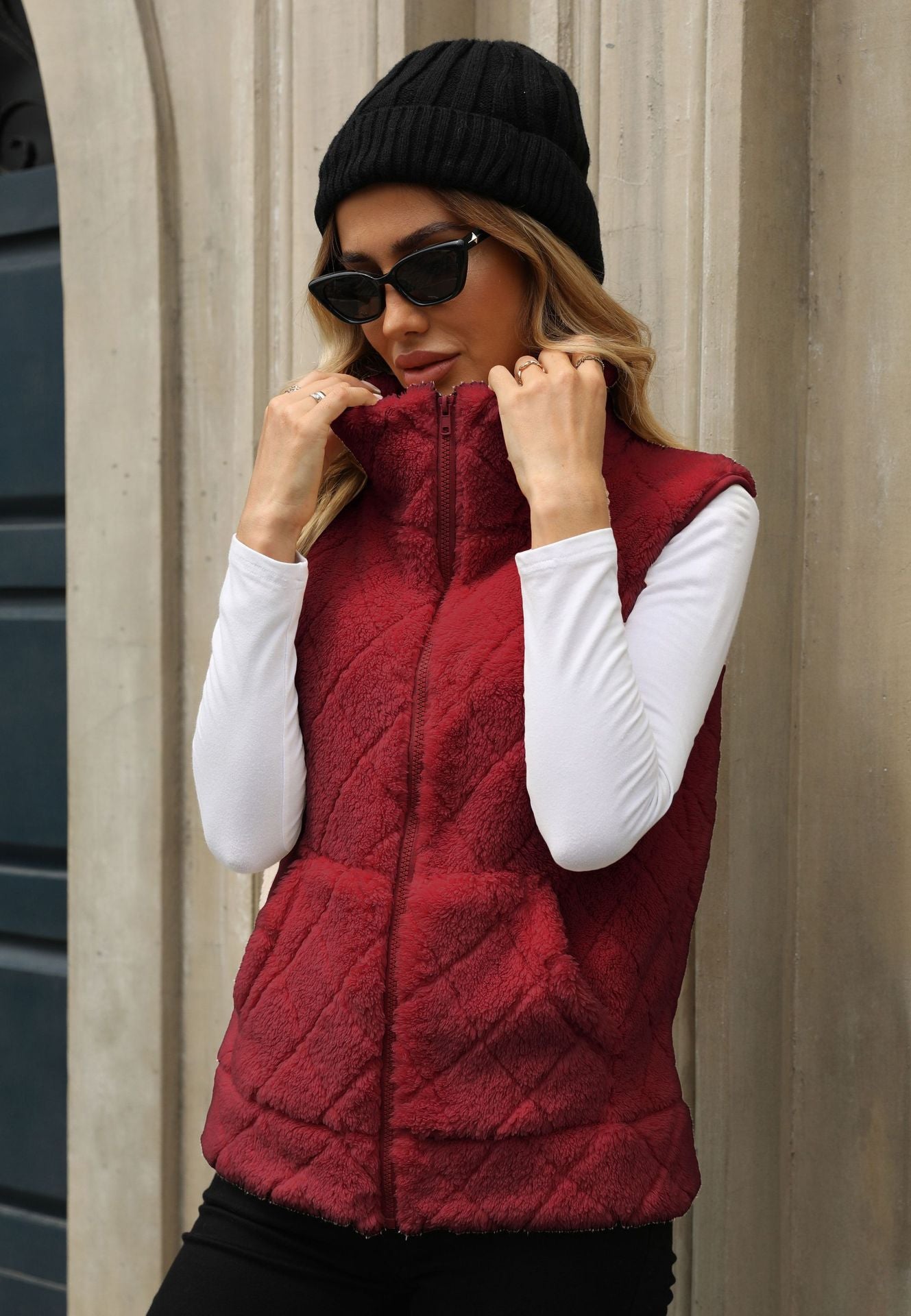 Women’s Zip Cardigan, Loose Diamond-Quilt Plush Jacket