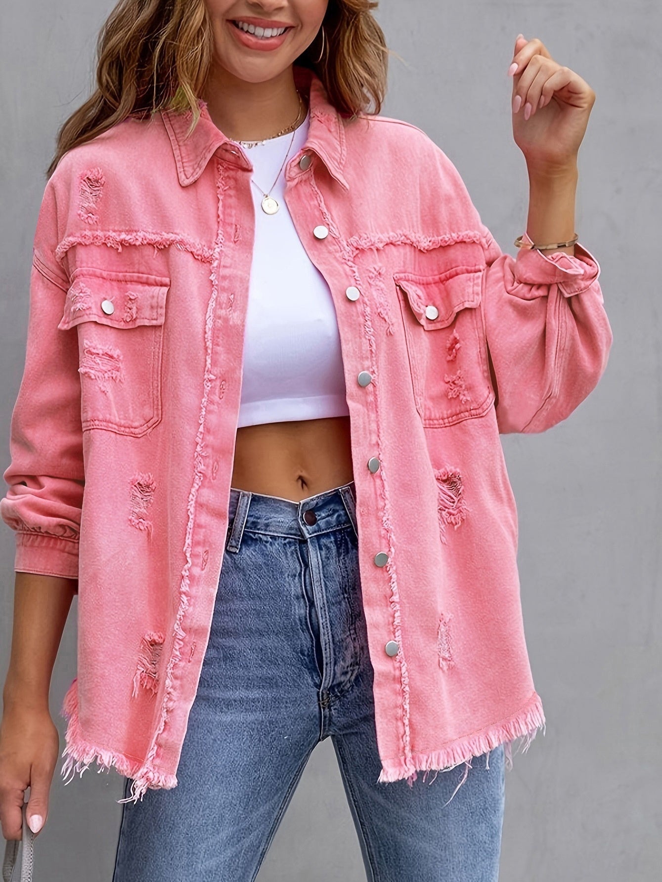 Women’s Fashion Distressed Shirt Jacket for Autumn/Spring