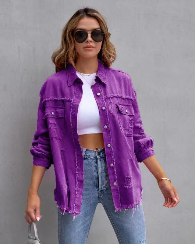 Women’s Fashion Distressed Shirt Jacket for Autumn/Spring
