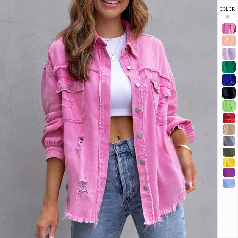 Women’s Fashion Distressed Shirt Jacket for Autumn/Spring