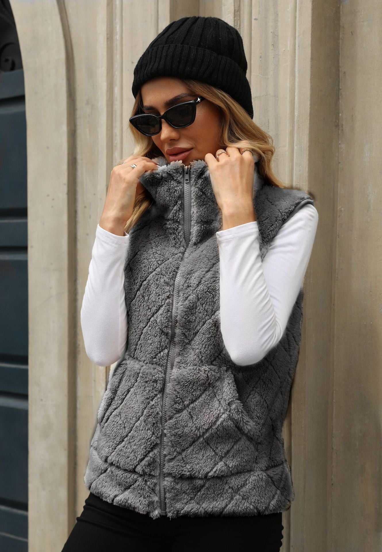 Women’s Zip Cardigan, Loose Diamond-Quilt Plush Jacket